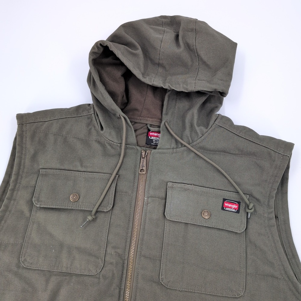 Wrangler Workwear Hooded Quilted Canvas Vest Mens 3XL Olive Green